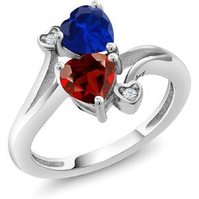 Gem Stone King 925 Sterling Silver Blue Created Sapphire Red Garnet Ring For Women (1.73 Cttw, Heart Shape 6MM, Gemstone September Birthstone, Available In Size 5, 6, 7, 8, 9)