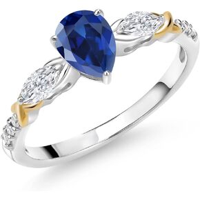 Gem Stone King 925 Sterling Silver and 10K Gold Build your Own Personalized 7X5MM Pear Shape and 5X2.5MM Marquise Shape Gemstone Birthstone and White Lab Diamond Women Engagement Ring