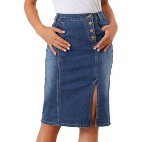 Allegra K Denim Skirt for Women's Button Decor Side Slit Slash Pocket Knee Length Skirt
