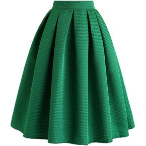 CHICWISH Women's Pleated Green Midi Skirt High Waist A Line Flared Mini Skirts Casual Cute Knee Length Skirt