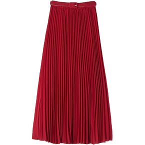 Womens Chiffon Pleated Bohemian Beach Maxi Skirt High Elastic Waist Swing A-line Skirt with Belt