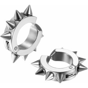 Punk Rivets Clip on Hoop Earrings Set Stainless Steel Spikes Awl Non Piercing Taper Huggie Helix Cartilage Earrings