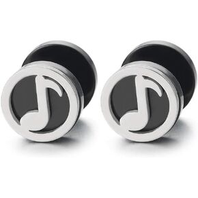 Mens Womens Sliver Black Music Sign Quaver Circle Stud Earrings, Steel Cheater Fake Ear Plugs Gauges