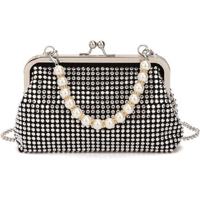 SUKUTU Women Luxury Full Rhinestone Shoulder Bag Noble Kiss Lock Crystal Messenger Bag Clutch Handbag with Pearl Beaded Chain