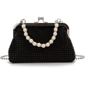 SUKUTU Women Luxury Full Rhinestone Shoulder Bag Noble Kiss Lock Crystal Messenger Bag Clutch Handbag with Pearl Beaded Chain in Kuwait