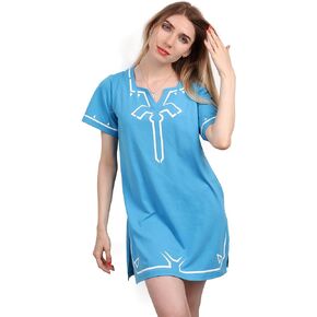 C-ZOFEK Blue Shirt Tunic Cosplay Costume, Women's US Size Loose Fit Short Sleeves V-Neck Side Slit Blue Dress