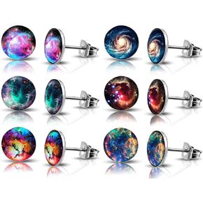6Pairs Galaxy Mens Earrings Set Hypoallergenic Surgical Stainless Steel Round Circle Button Stud Post Earrings 10MM