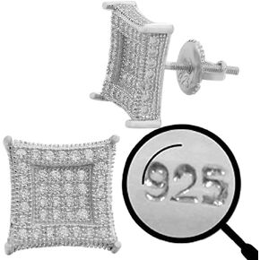 Real Solid 925 Sterling Silver - Men's Earrings - Iced CZ 10mm Kite Earrings Screw Backs - Flooded Out Aretes