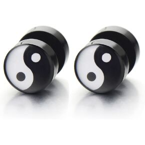 Yin-Yang Stud Earrings for Men, Illusion Tunnel Plug Screw Back, 2pcs