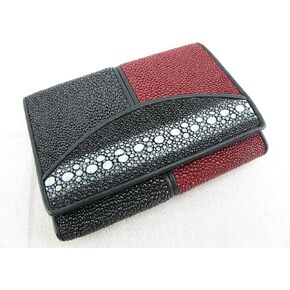 Genuine Row Diamond Stingray Skin Leather Trifold Wallet Black (Black & Red)