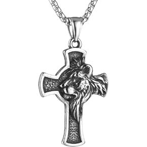 HZMAN Stainless Steel Cross Necklace for Men Women Retro Religious Lion Head Cross Hip Hop Pendant Jewelry Gift with 22+2in Chain