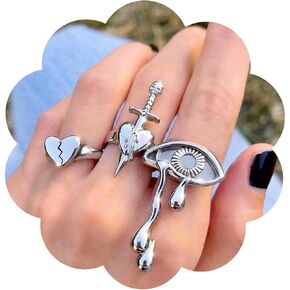 Punk Evil Eye Ring Heart Sword Ring Silver Heart Signet Ring Big Demon Eye Rings Love Heart Finger Ring Jewelry Set for Women and Girls