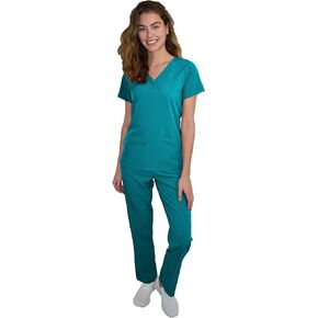 Green Town Scrubs for Women Scrub Set - V-Neck Top and Straight Leg Pant, 5 Pockets, Easy Care, Solids and Prints Uniforms -Teal-X-Large Petite