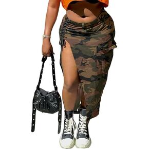 Alunzoem Camo Skirts for Women Cargo High Waist Casual Maxi Pencil High Slit Long Skirt with Pockets