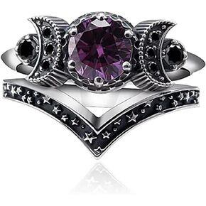 COLORFUL BLING Amethyst Triple Godness Moon Band Ring Set Purple Crystal Wicca Pagan Cresent for Women Girls Wedding Engagement Promise Jewelry