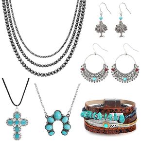 MOZAKA 6 قطع مجوهرات غربية للنساء البوهيمي نافاجو بيرل قلادة بوهو الفيروز قلادة تتدلى أقراط جلدية فو سوار التفاف مجموعة مجوهرات in Kuwait
