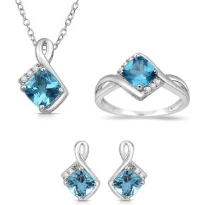 Jewelili Sterling Silver 6 MM and 5 MM Cushion Swiss Blue Topaz and Round Created White Sapphire Pendant Necklace 18" Cable Chain, Stud Earrings and Ring Jewelry Set in Saudi Arabia
