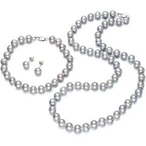Women's Pearl necklace Set 7Mm Freshwater Pearl Necklace Bracelet and Earrings, Pearl Jewelry Set for women