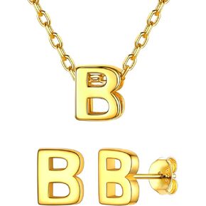 ChicSilver Initial Jewelry Set for Women Girls, Gold Plated Sterling Silver Dainty Initial Pendant Necklace and Stud Earrings