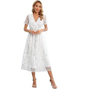 IDOPIP Women's Sequin Embroidery V-Neck Short Sleeve Maxi Evening Dress Sparkly Shiny Wedding Guest Party Cocktail Gowns