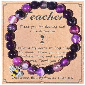 Teacher Appreciation Gifts,Natural Stone Teacher Bracelet Gifts for Women, Thank You Gifts for Teacher Meaningful Gifts 8MM 6MM Beads Luck Bracelet With Gift Message Card Apple Pendant Jewelry