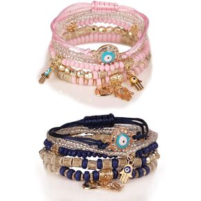 SKNGMO 4/2 مجموعات البوهيمي تمتد الخرز أساور متعدد الطبقات عين الشر همسة سوار اليد بوهو سحر تكويم سوار اليدوية متعدد الألوان كريستال مطرز محظوظ حماية أساور ستراند مجموعة in Kuwait