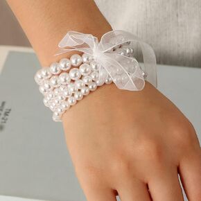 Asphire Vintage Pearl Bracelet Multi-Strands Pearl Silk Band Bandage Bracelet Stretch 1920s Flapper Bangle Bridal Wedding Hand Accessories for Women