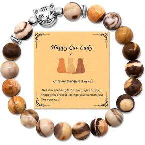 yfstyle Natural Stone Bracelets Cat Gemstone Bracelet Cat Lover Gifts for Women Black Obsidian Pink Zebra Bracelets Healing Crystal Cat Lucky Bracelets Jewelry Gifts