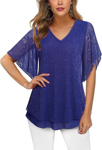 Furnex Blouses for Women Dressy Casual,Double Layers Mesh Elegant Summer Blouses,Short Sleeve V Neck Women's Tunic Tops in Kuwait