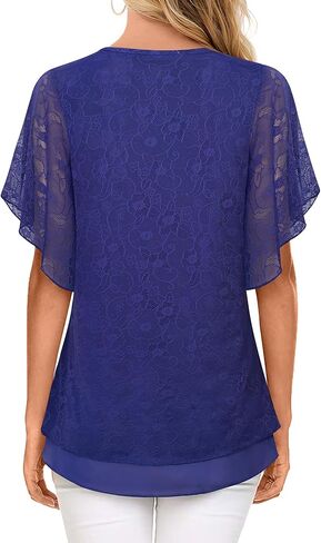 Furnex Blouses for Women Dressy Casual,Double Layers Mesh Elegant Summer Blouses,Short Sleeve V Neck Women's Tunic Tops in Kuwait