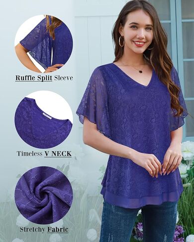 Furnex Blouses for Women Dressy Casual,Double Layers Mesh Elegant Summer Blouses,Short Sleeve V Neck Women's Tunic Tops in Kuwait