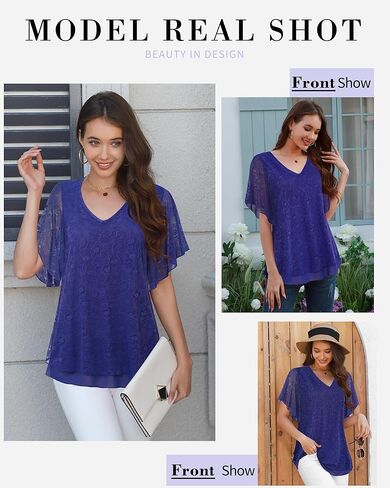 Furnex Blouses for Women Dressy Casual,Double Layers Mesh Elegant Summer Blouses,Short Sleeve V Neck Women's Tunic Tops in Kuwait