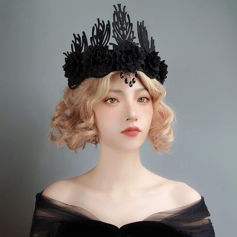 شريط راس بنمط لوليتا القوطي الداكن بنمط عتيق من الدانتيل الاسود الباروك والملكة وطوق للشعر لحفلات الهالوين والكريسماس والحفلات التنكرية والحفلات التنكرية in Kuwait