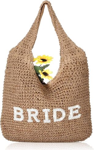 Locmeo Bride Boho Straw Handwoven Bag Rhinestone Letter Patches Tote Bag Beach Shoulder Bag Bridal Shower Gift for Wedding Honeymoon Engagement Bachelorette Party in Kuwait