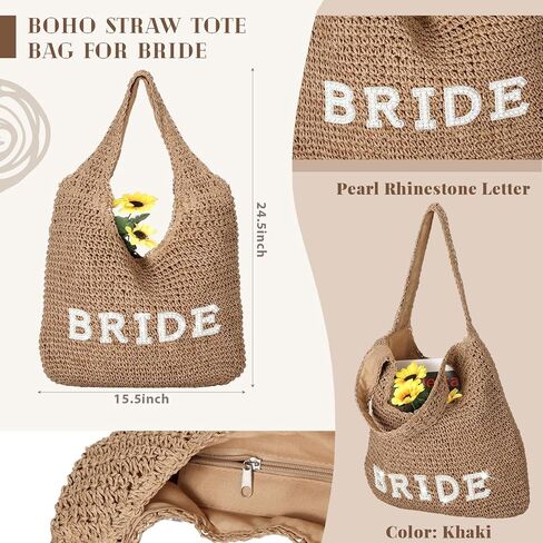 Locmeo Bride Boho Straw Handwoven Bag Rhinestone Letter Patches Tote Bag Beach Shoulder Bag Bridal Shower Gift for Wedding Honeymoon Engagement Bachelorette Party in Kuwait