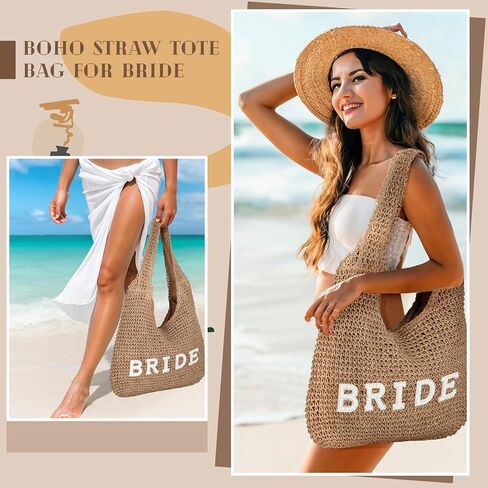 Locmeo Bride Boho Straw Handwoven Bag Rhinestone Letter Patches Tote Bag Beach Shoulder Bag Bridal Shower Gift for Wedding Honeymoon Engagement Bachelorette Party in Kuwait