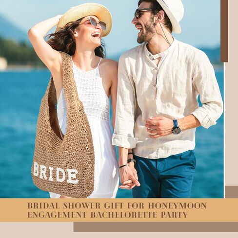 Locmeo Bride Boho Straw Handwoven Bag Rhinestone Letter Patches Tote Bag Beach Shoulder Bag Bridal Shower Gift for Wedding Honeymoon Engagement Bachelorette Party in Kuwait