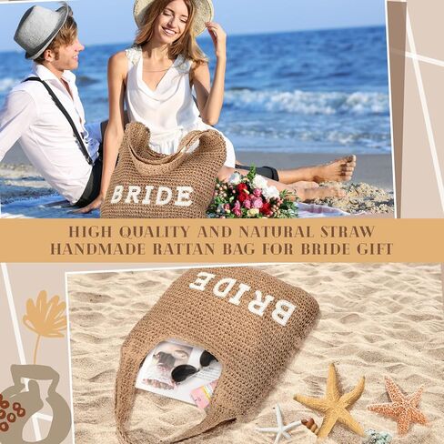 Locmeo Bride Boho Straw Handwoven Bag Rhinestone Letter Patches Tote Bag Beach Shoulder Bag Bridal Shower Gift for Wedding Honeymoon Engagement Bachelorette Party in Kuwait