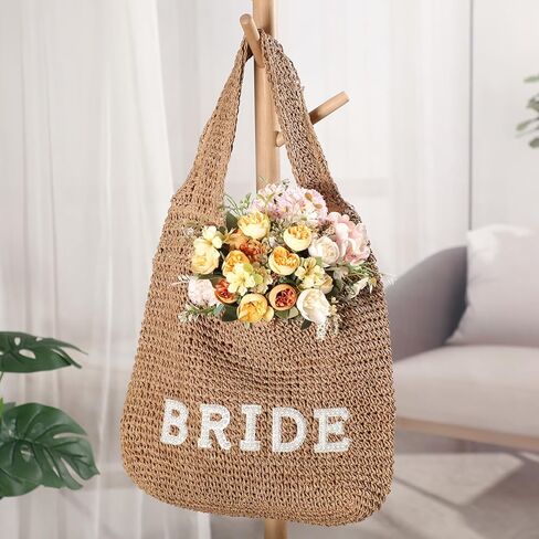 Locmeo Bride Boho Straw Handwoven Bag Rhinestone Letter Patches Tote Bag Beach Shoulder Bag Bridal Shower Gift for Wedding Honeymoon Engagement Bachelorette Party in Kuwait