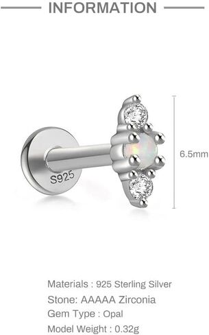 Solid 925 Sterling Silver Flat Back Stud Earrings, opal beads 16 Gauge Cartilage Helix Piercing One Piece in Kuwait