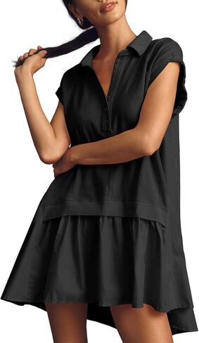 Fisoew Womens Summer Sweatshirt Dresses Short Sleeve V Neck Casual Oversized Patchwork Mini Dress in Saudi Arabia