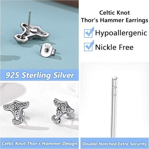 Silvora Norse Viking Jewelry Thor's Hammer Studs Sterling Silver Vintage Celtic Knot Wolf Head Stud Earrings for Women Men in Kuwait