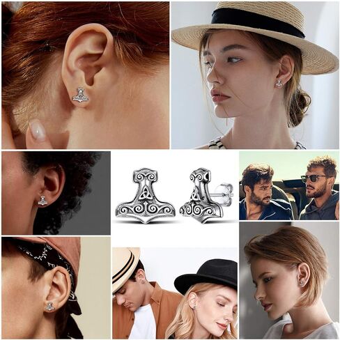 Silvora Norse Viking Jewelry Thor's Hammer Studs Sterling Silver Vintage Celtic Knot Wolf Head Stud Earrings for Women Men in Kuwait