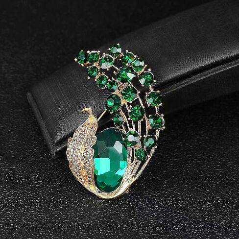 دبابيس بروش من الكريستال بتصميم ورقة شجر خضراء للنساء من سينفاك، دبوس بروش انيق ولامع، مصنوع من خليط معدني من الستيل والكريستال in Kuwait