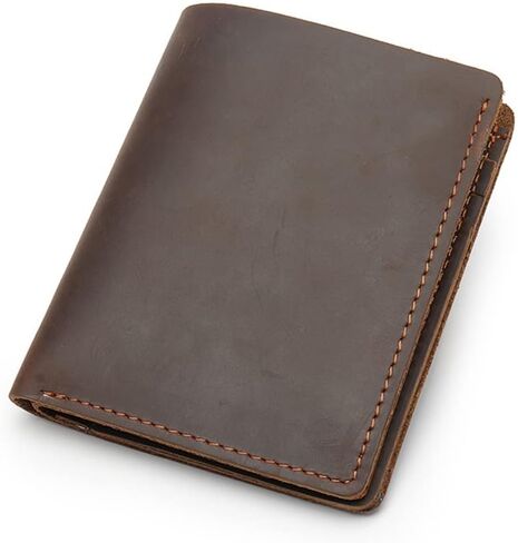 محفظة جلد حصان مجنون حقيقية ذات طيات - حامل بطاقات رفيع رفيع سعة إضافية مع 6 فتحات بطاقات، محفظة للرجال هدية عيد ميلاد - بني عتيق in Kuwait