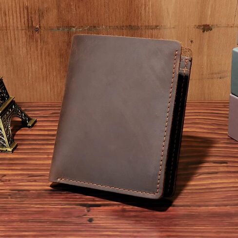 محفظة جلد حصان مجنون حقيقية ذات طيات - حامل بطاقات رفيع رفيع سعة إضافية مع 6 فتحات بطاقات، محفظة للرجال هدية عيد ميلاد - بني عتيق in Kuwait