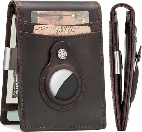 محفظة AirTag، محفظة جلدية أصلية، محفظة نحيفة للرجال مع مشبك نقود، محفظة نحيفة للرجال مع حجب RFID، محفظة جيب أمامي، محفظة بسيطة (بني داكن) in Kuwait