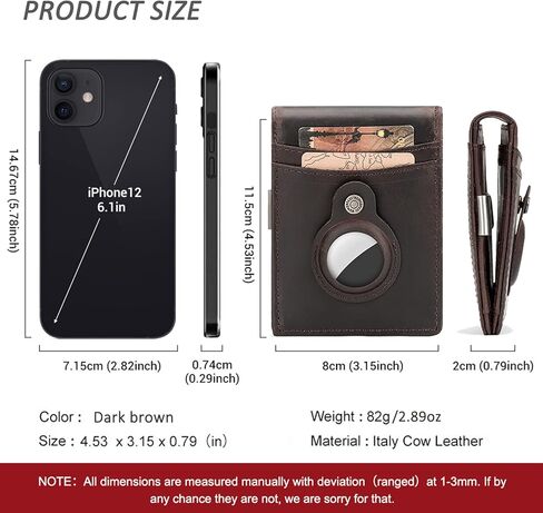 محفظة AirTag، محفظة جلدية أصلية، محفظة نحيفة للرجال مع مشبك نقود، محفظة نحيفة للرجال مع حجب RFID، محفظة جيب أمامي، محفظة بسيطة (بني داكن) in Kuwait