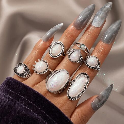 Wekicici 8ps White Gemstone Knuckle Rings Set Knuckle Stacking Rings Bohe Cool Finger Rings for Women Teen Girls in Kuwait