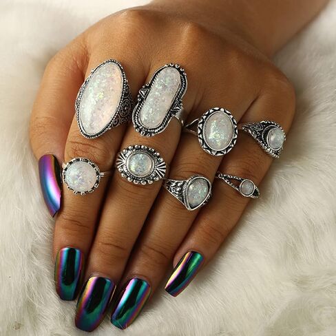 Wekicici 8ps White Gemstone Knuckle Rings Set Knuckle Stacking Rings Bohe Cool Finger Rings for Women Teen Girls in Kuwait